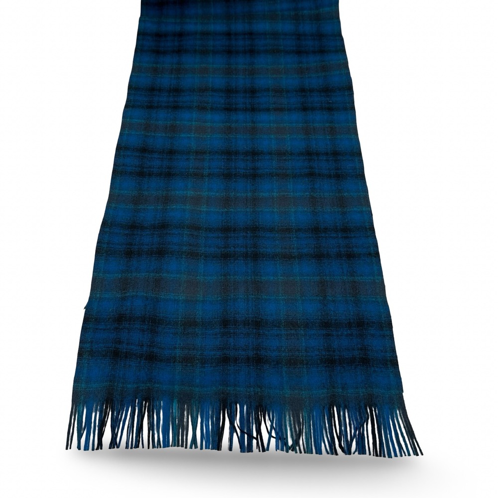 Vintage Pendleton Blue Black Plaid Scarf 100% Wool Fringed Winter Wrap USA